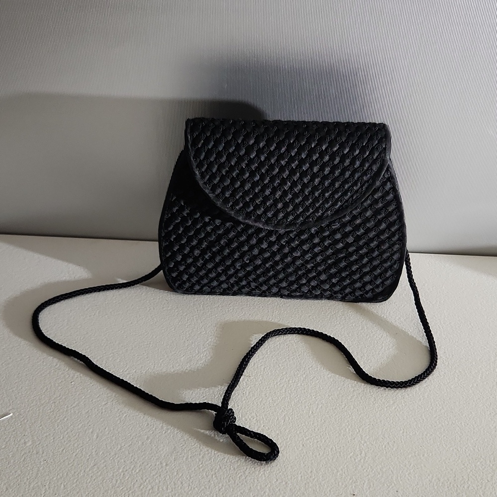 Vintage Black Woven Satin Evening Bag Purse With Long Strap Small Size Elegant